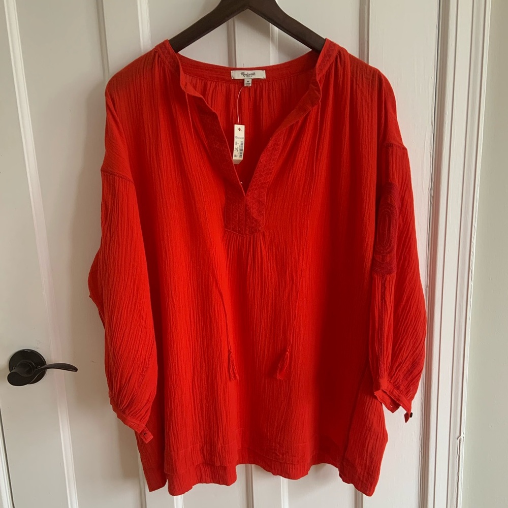 - Madewell red embroidered oversized boho top, NWT, sz M